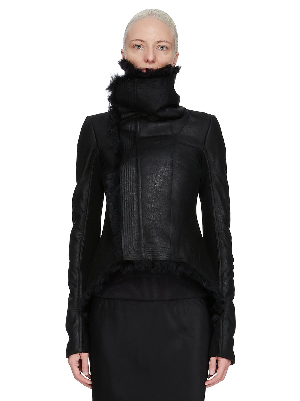 Rick Owens ハイネック フーデッドレザージャケット ブルゾン XS 黒 Rick Owens ハイネック フーデッドレザージャケット ブルゾン XS