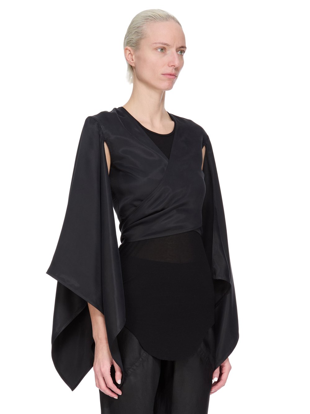 Rick Owens アシメントリートップス RICK OWENS FW25 CONCORDIANS WRAP TOP FLAG SLEEVES IN BLACK WASHED