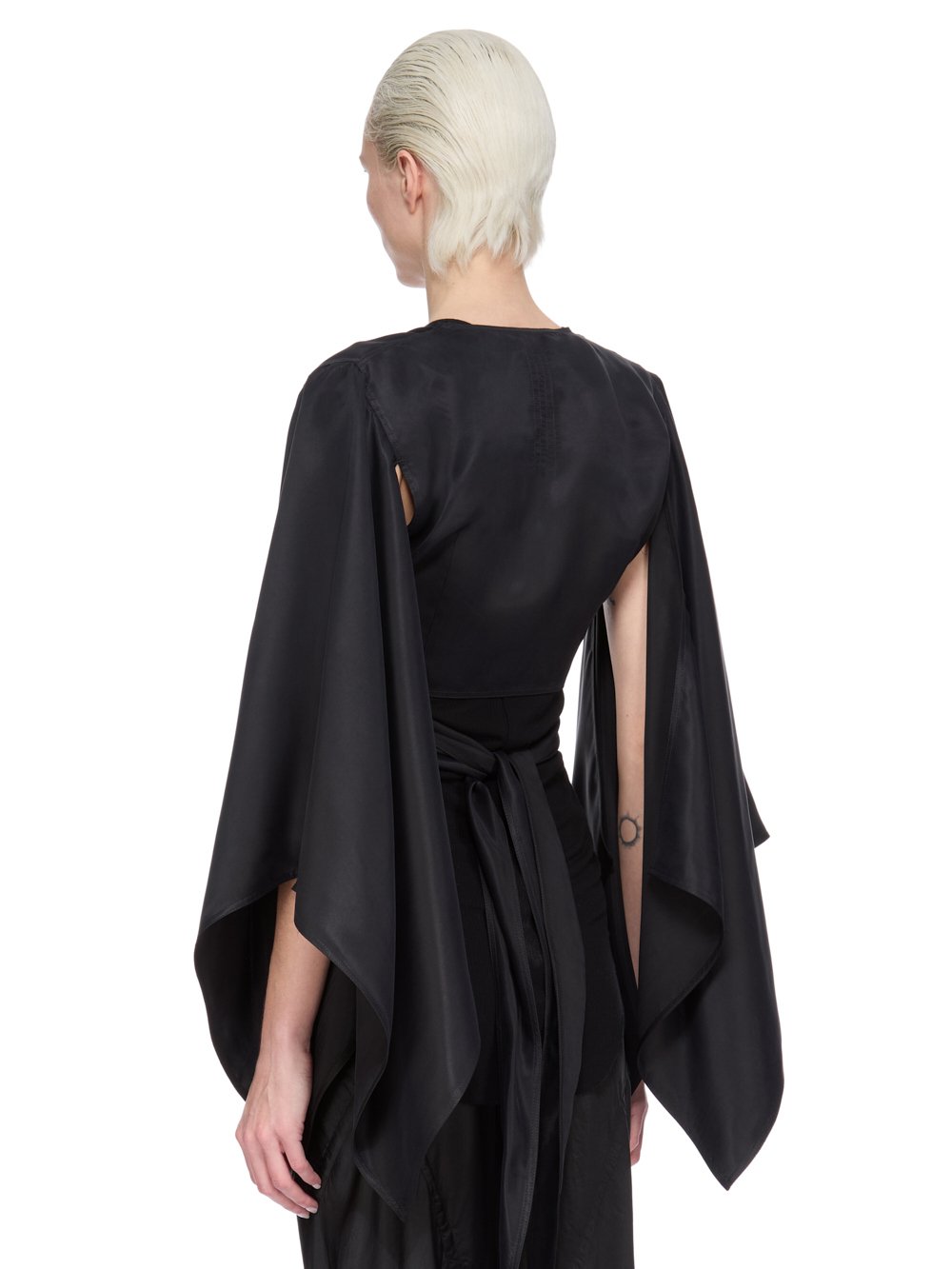 RICK OWENS FW25 CONCORDIANS WRAP TOP FLAG SLEEVES IN BLACK WASHED