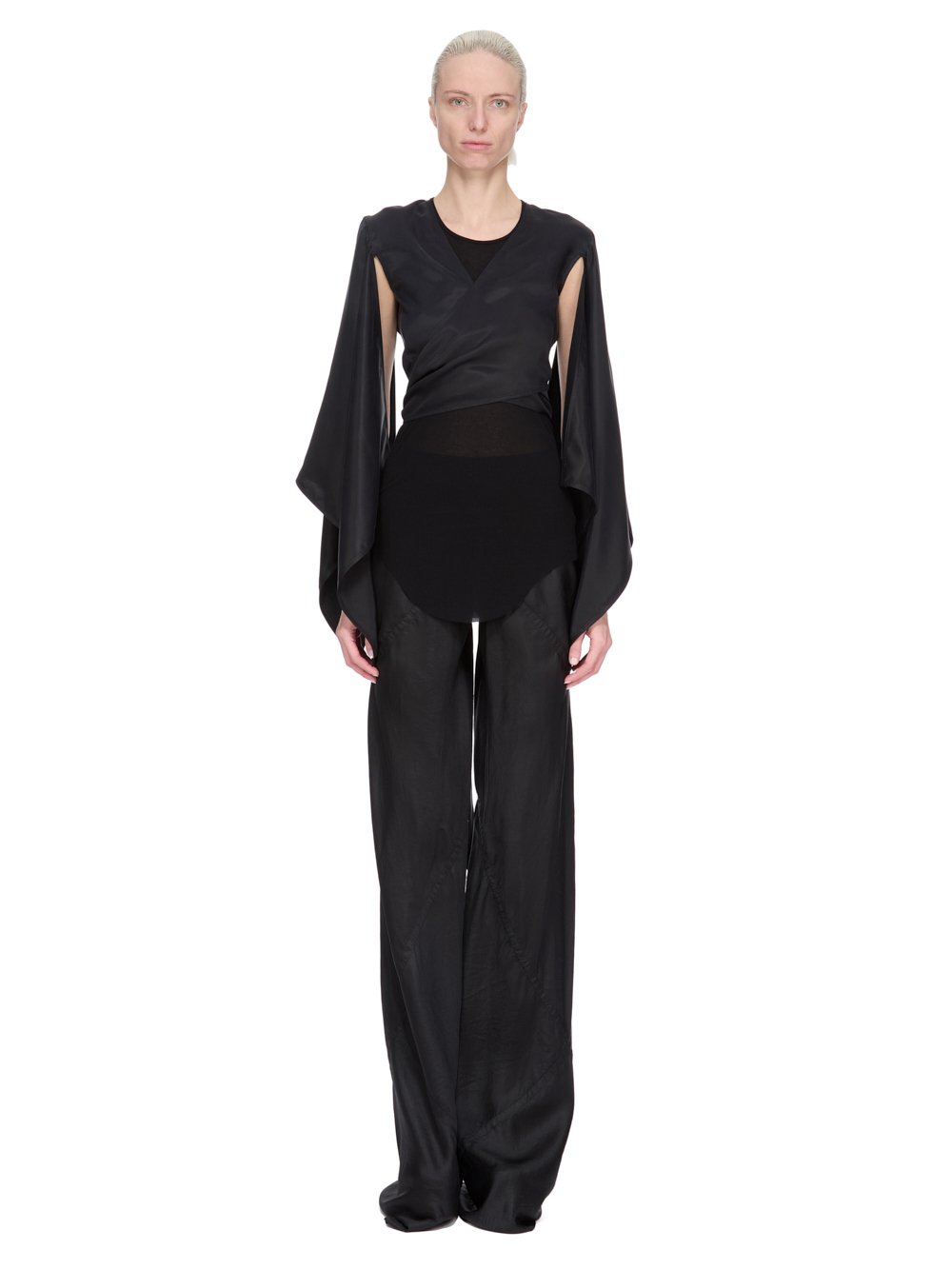 RICK OWENS FW25 CONCORDIANS WRAP TOP FLAG SLEEVES IN BLACK WASHED