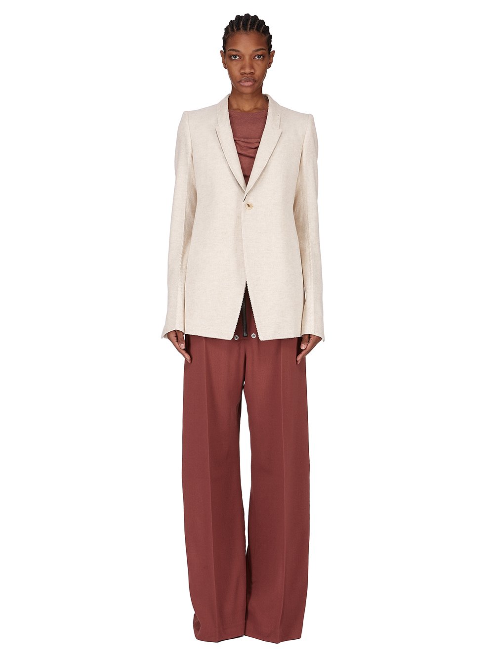 RICK OWENS FW25 CONCORDIANS TAILORED WIDE BELAS IN ROSEWOOD WOOL