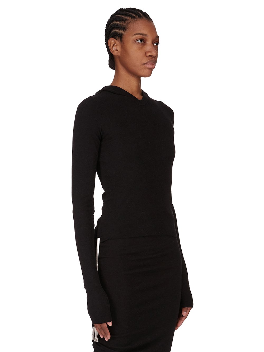 RICK OWENS FW25 CONCORDIANS CROPPED HOODED RIB LS T IN BLACK