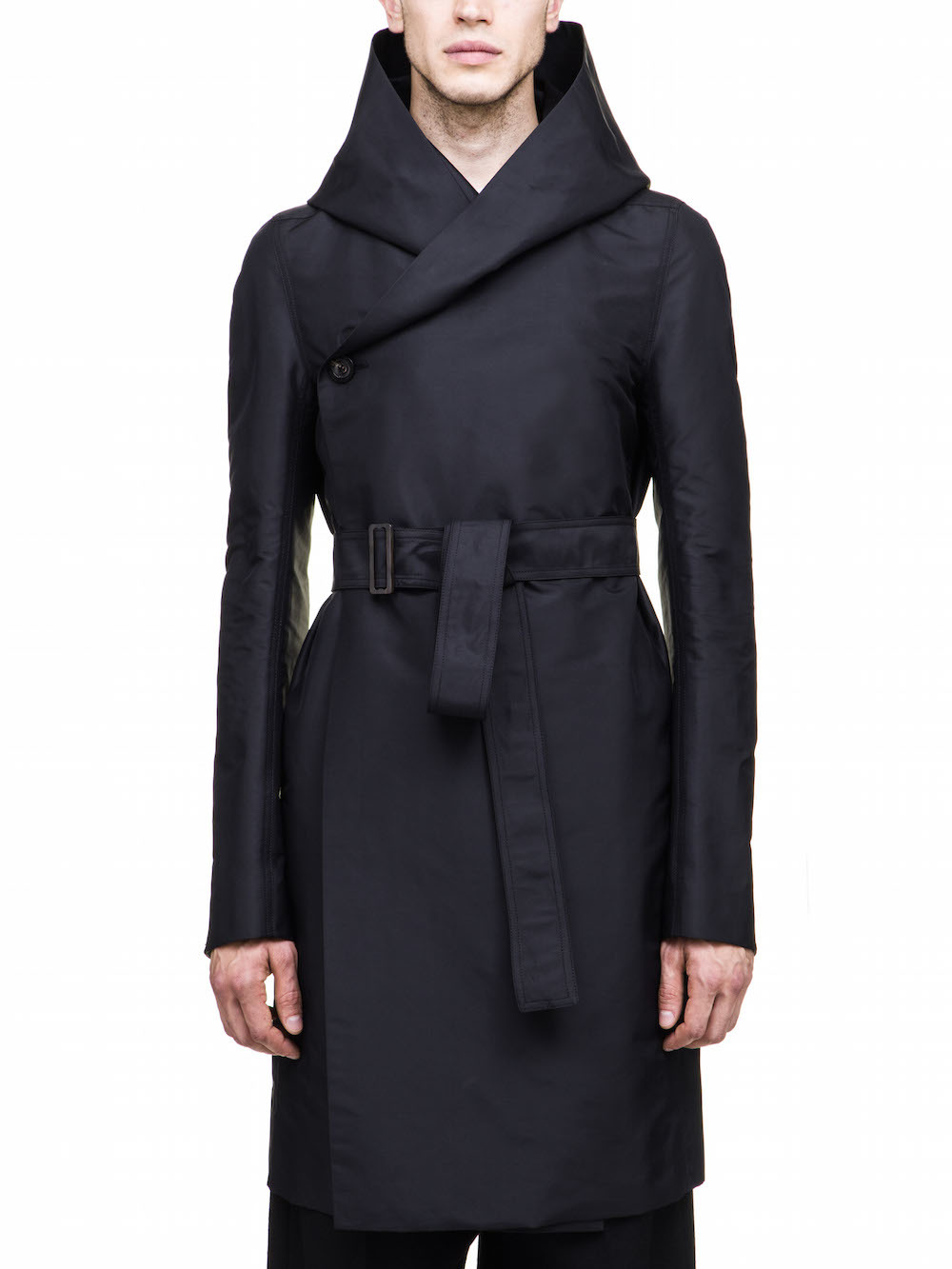 RICK OWENS HOODED TRENCH IN BLACK TECH