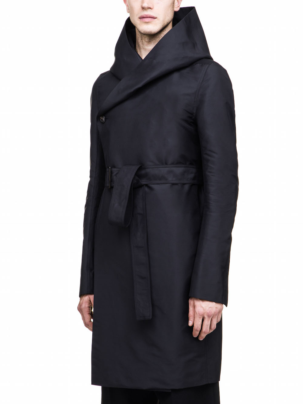 RICK OWENS HOODED TRENCH IN BLACK TECH