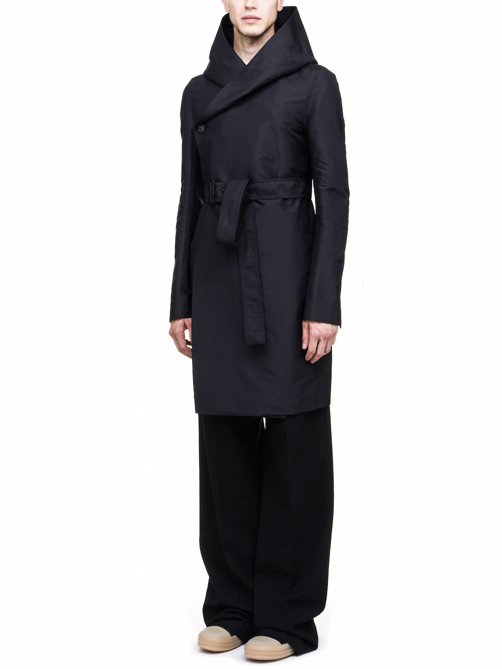 RICK OWENS HOODED TRENCH IN BLACK TECH