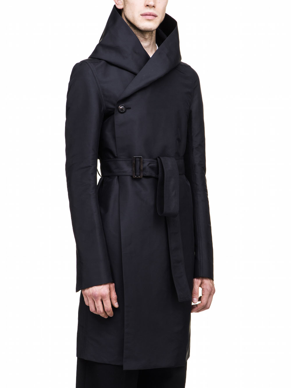 RICK OWENS HOODED TRENCH IN BLACK TECH