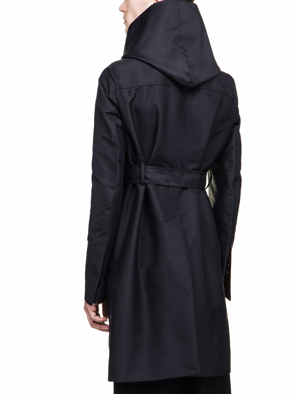 RICK OWENS HOODED TRENCH IN BLACK TECH