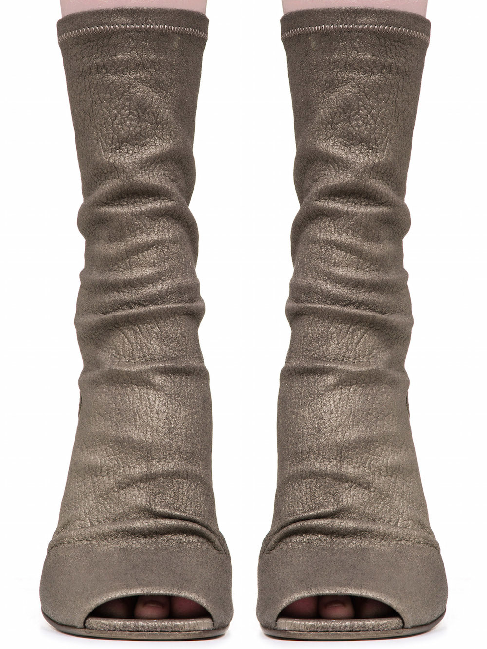 RICK OWENS SOCK WEDGES IN METTALIC DUST GREY STRETCH LAMB LEATHER