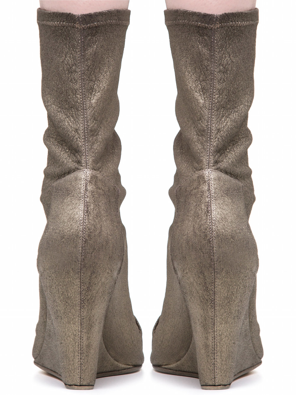 RICK OWENS SOCK WEDGES IN METTALIC DUST GREY STRETCH LAMB LEATHER