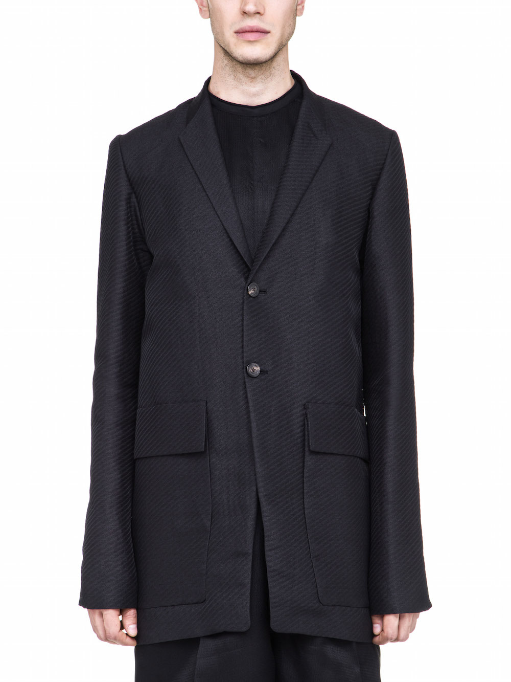 RICK OWENS OFF-THE-RUNWAY TETCHPOCKET TWO BUTTON JACKET IN BLACK