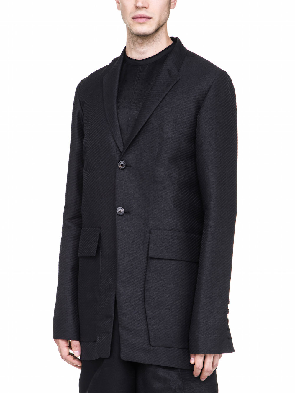 RICK OWENS OFF-THE-RUNWAY TETCHPOCKET TWO BUTTON JACKET IN BLACK
