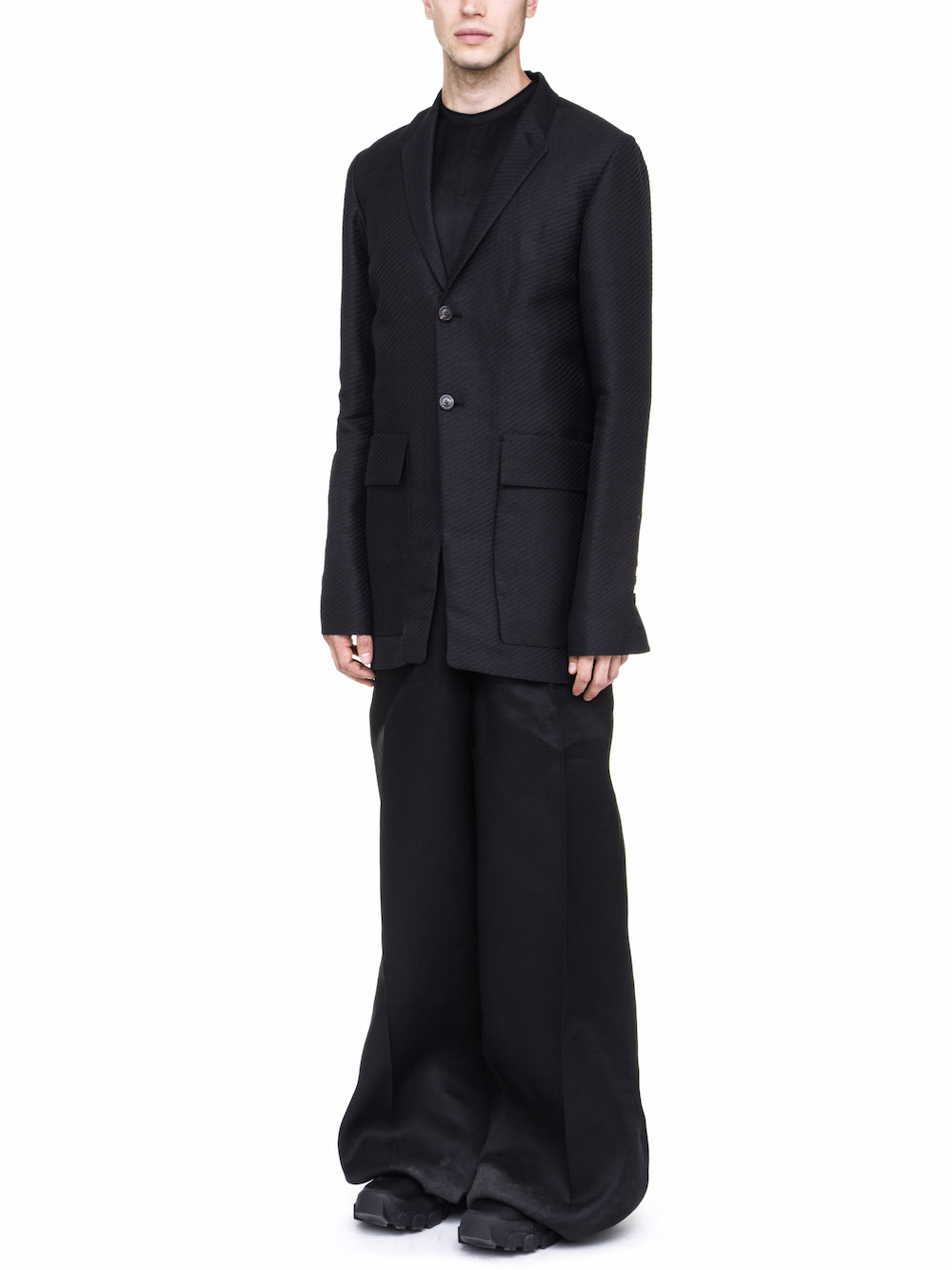 RICK OWENS OFF-THE-RUNWAY TETCHPOCKET TWO BUTTON JACKET IN BLACK
