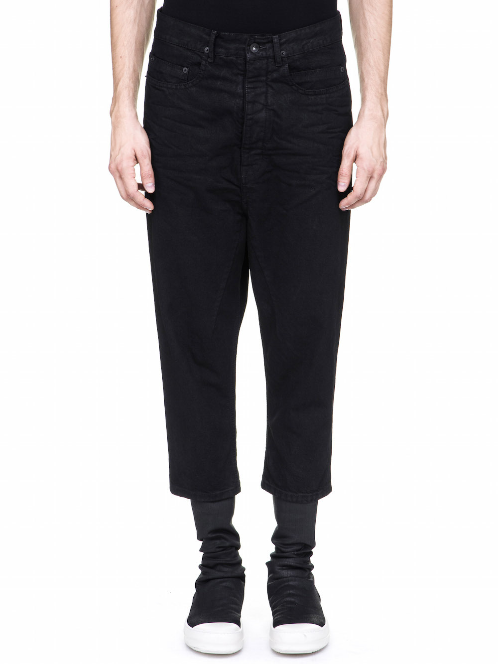 DRKSHDW COLLAPSE CUT JEANS IN 10OZ STRETCH BLACK WAX DENIM