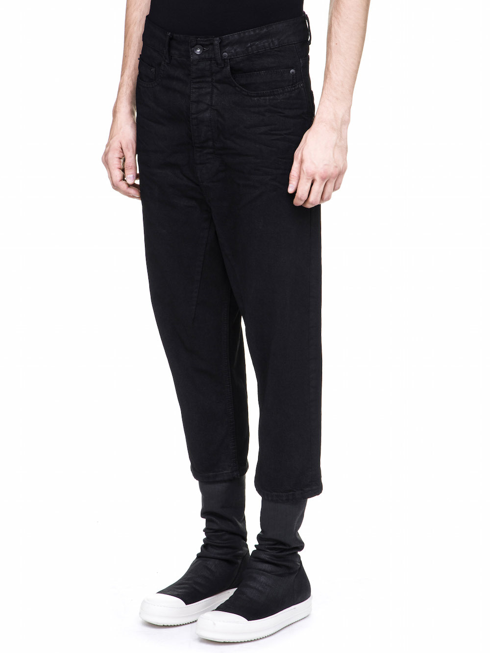 DRKSHDW COLLAPSE CUT JEANS IN 10OZ STRETCH BLACK WAX DENIM