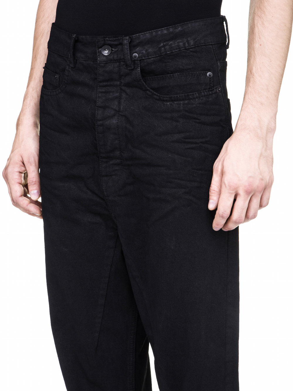 DRKSHDW COLLAPSE CUT JEANS IN 10OZ STRETCH BLACK WAX DENIM