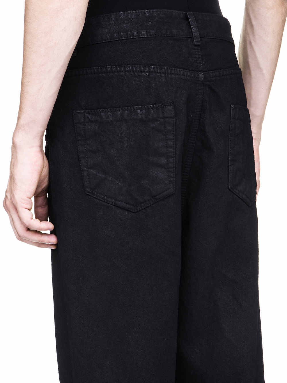 DRKSHDW COLLAPSE CUT JEANS IN 10OZ STRETCH BLACK WAX DENIM