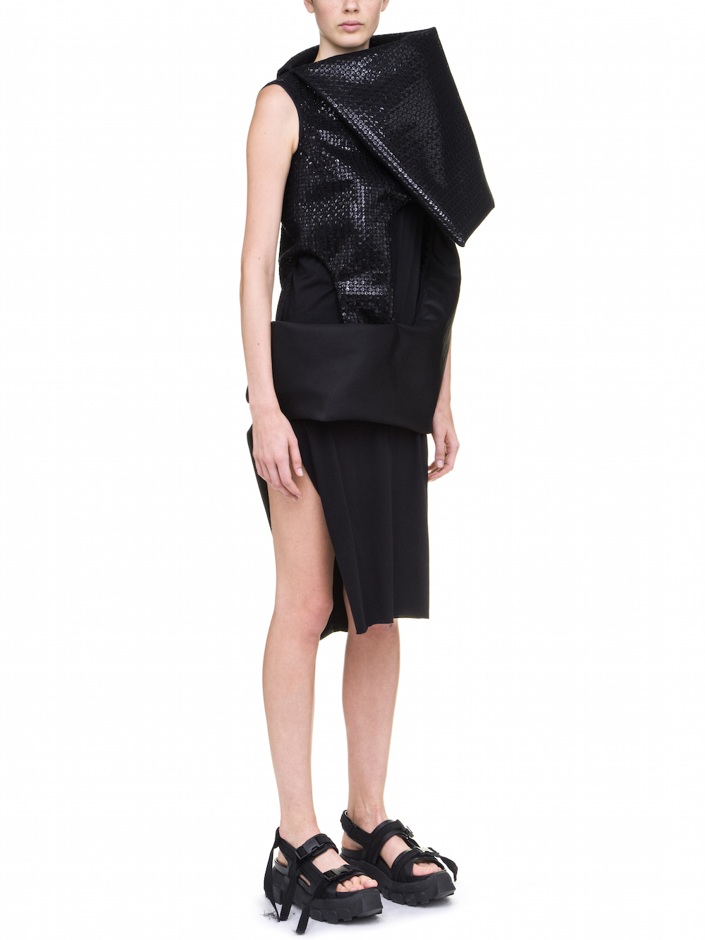 RICK OWENS PSILOCYBIN TUNIC IN BLACK WITH BLACK SEQUIN DETAILS