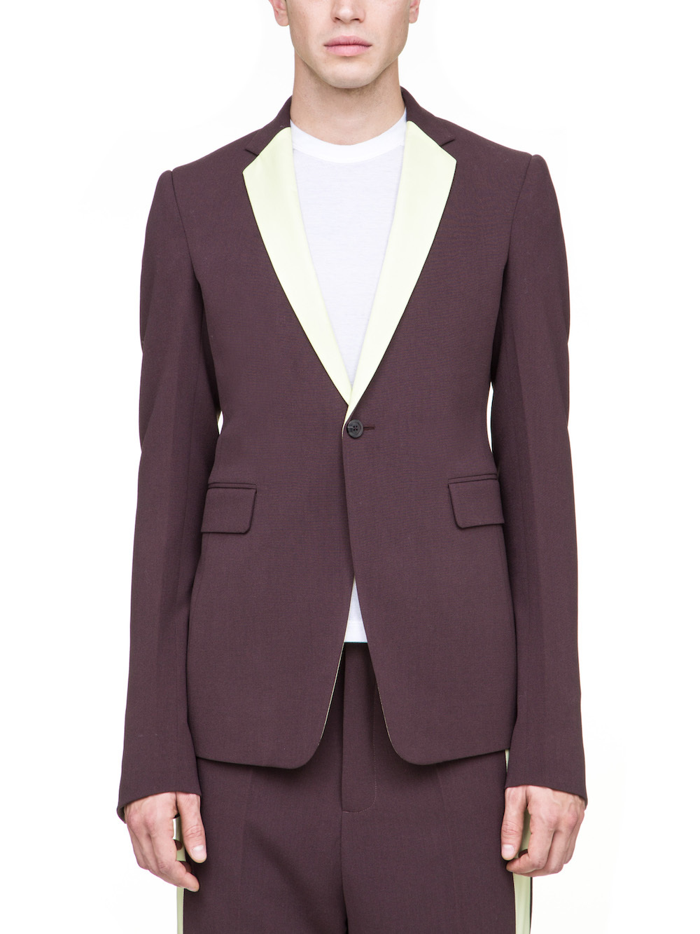 RICK OWENS 73CM BLAZER IN RAISIN PURPLE A YELLOW NYLON LAPEL COLLAR