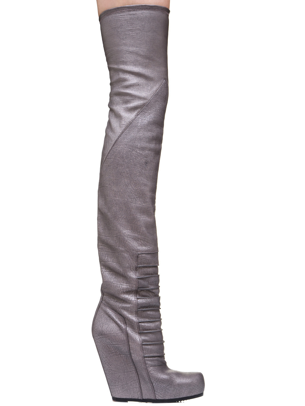 RICK OWENS RUHLMANN KNEE HIGH BOOTS IN SILVER