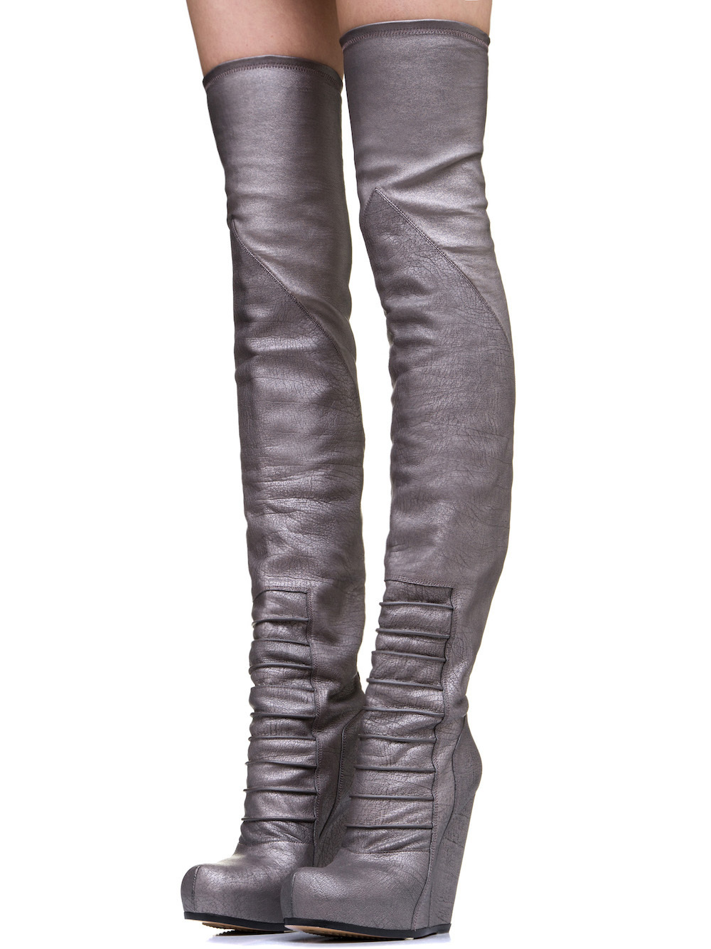 RICK OWENS RUHLMANN KNEE HIGH BOOTS IN SILVER