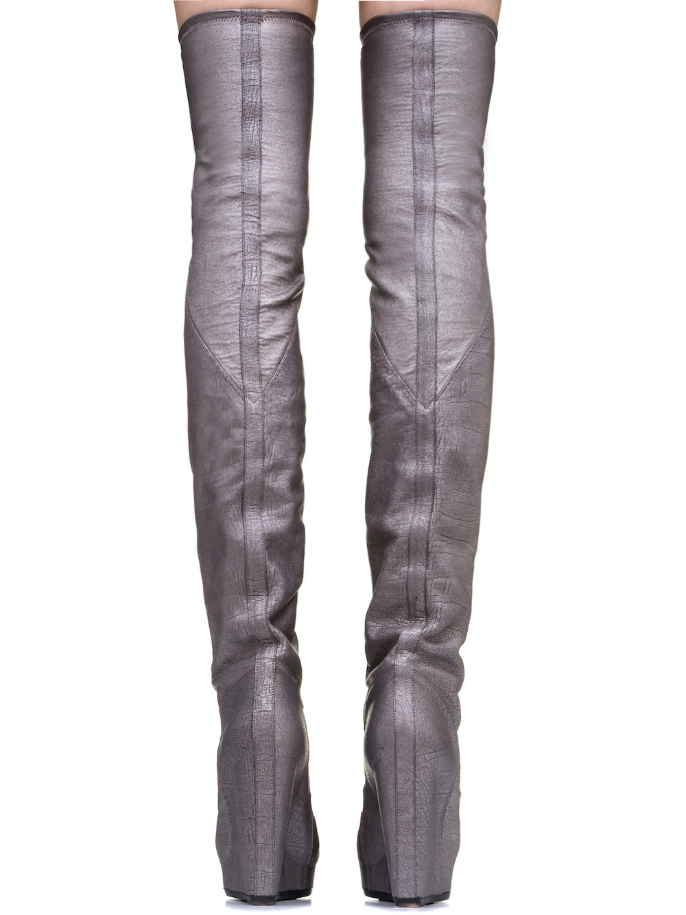 RICK OWENS RUHLMANN KNEE HIGH BOOTS IN SILVER