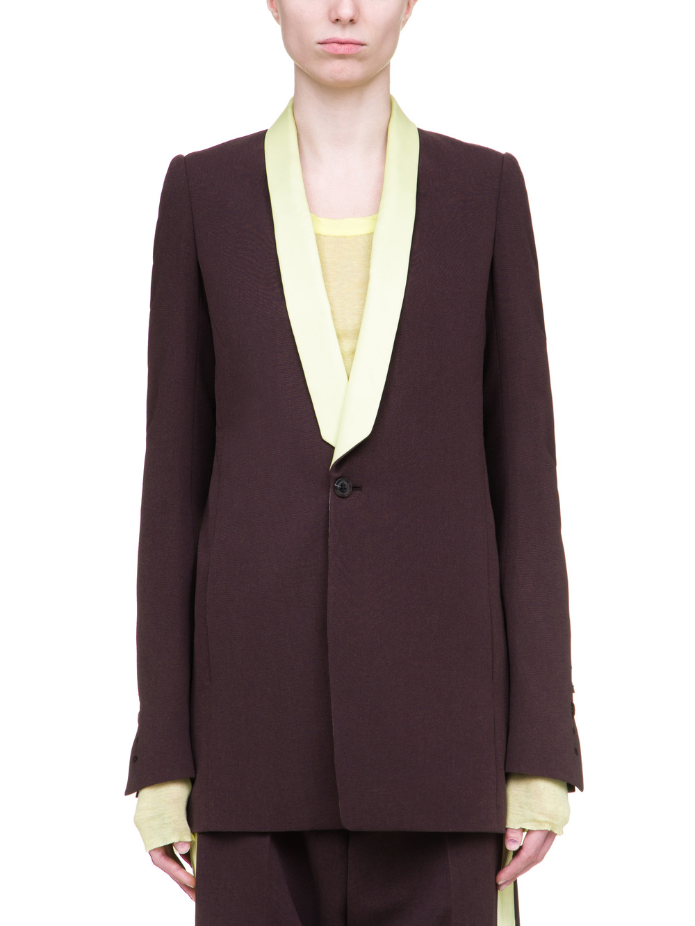 RICK OWENS TUSK BLAZER IN PURPLE CREPE WOOL FEATURES A YELLOW SHAWL LAPEL