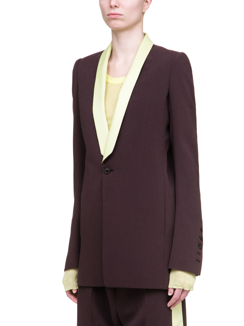 RICK OWENS TUSK BLAZER IN PURPLE CREPE WOOL FEATURES A YELLOW SHAWL LAPEL