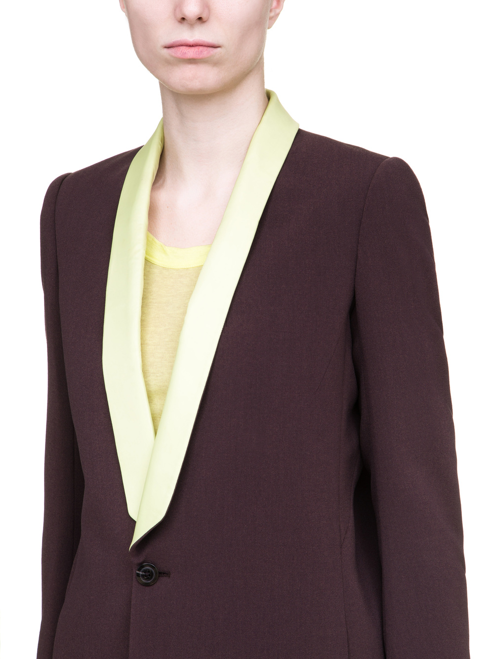 RICK OWENS TUSK BLAZER IN PURPLE CREPE WOOL FEATURES A YELLOW SHAWL LAPEL