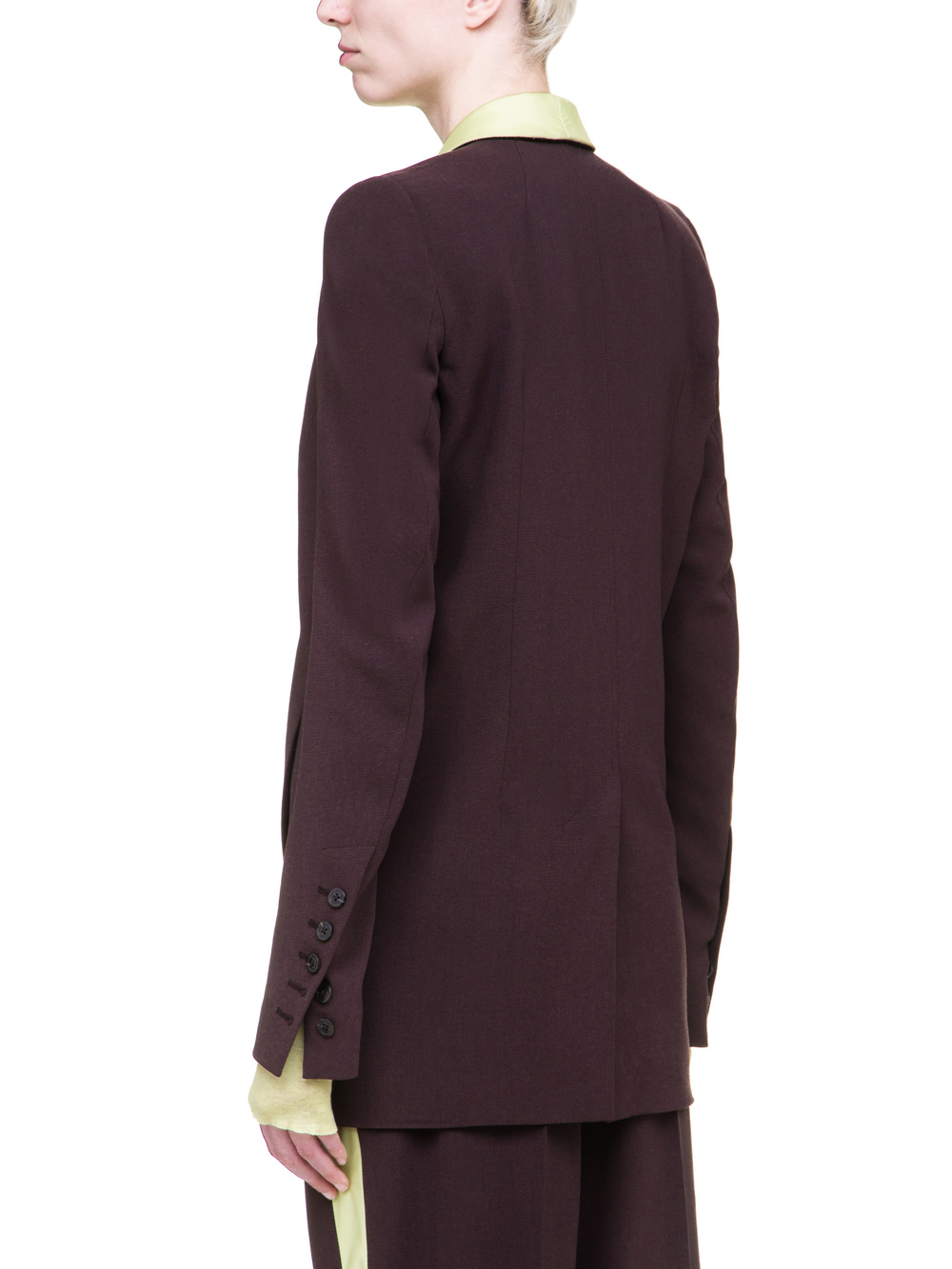 RICK OWENS TUSK BLAZER IN PURPLE CREPE WOOL FEATURES A YELLOW SHAWL LAPEL