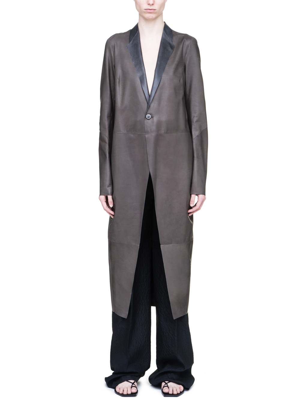 RICK OWENS SOFT KNIFE COAT IN DARKDUST GREY BABY CALF LEATHER