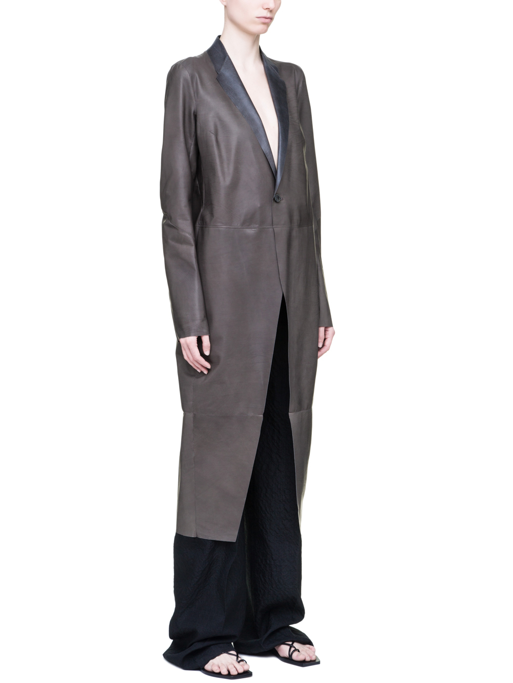 RICK OWENS SOFT KNIFE COAT IN DARKDUST GREY BABY CALF LEATHER
