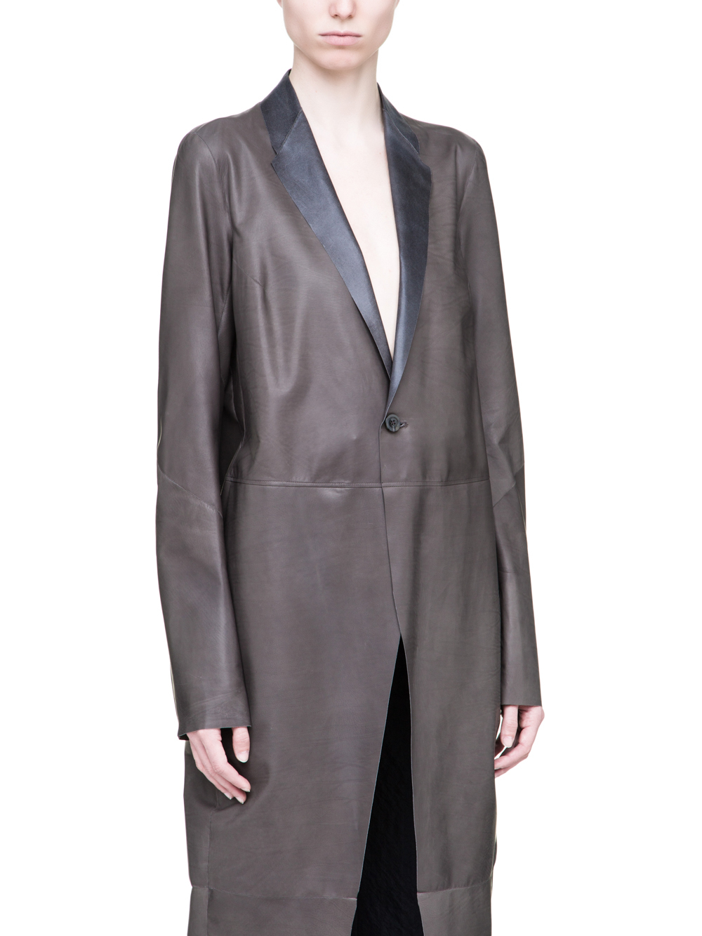 RICK OWENS SOFT KNIFE COAT IN DARKDUST GREY BABY CALF LEATHER