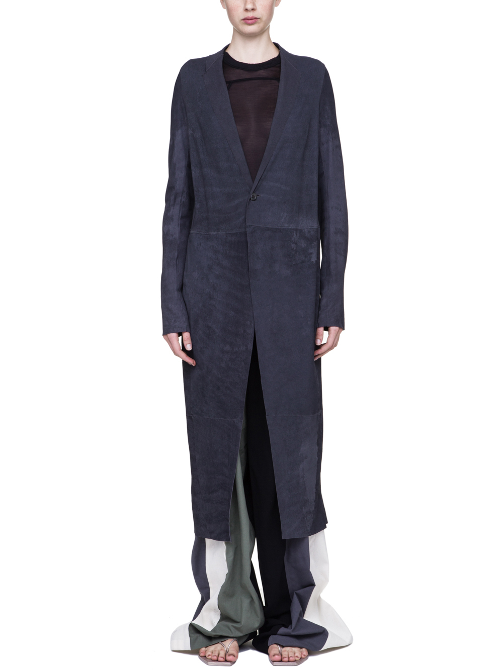 RICK OWENS SOFT KNIFE COAT IN IRON DARK PURPLE BLISTER LAMB LEATHER