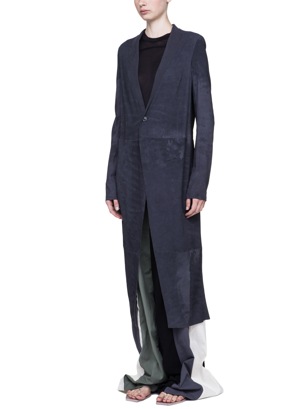 RICK OWENS SOFT KNIFE COAT IN IRON DARK PURPLE BLISTER LAMB LEATHER