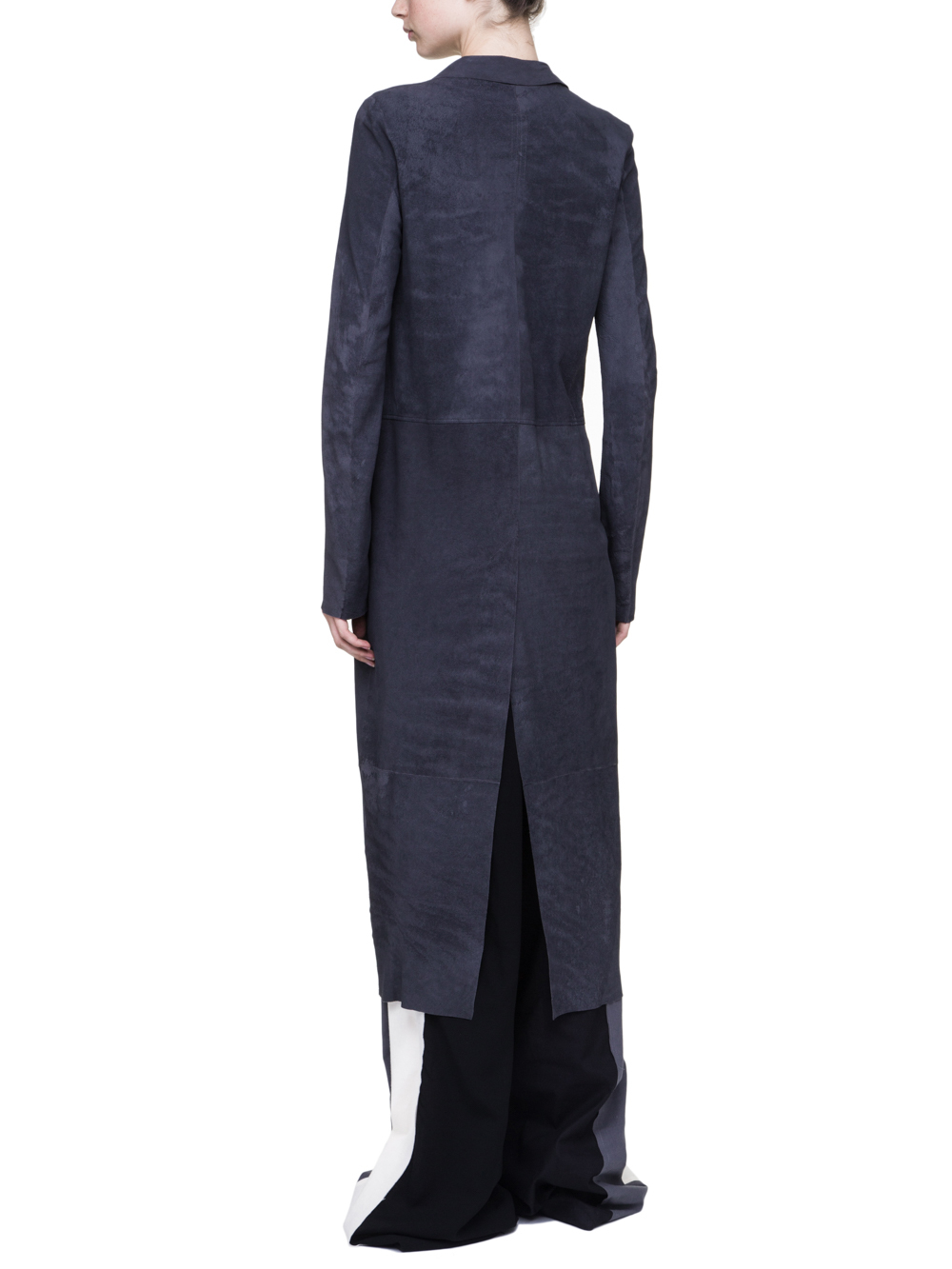 RICK OWENS SOFT KNIFE COAT IN IRON DARK PURPLE BLISTER LAMB LEATHER