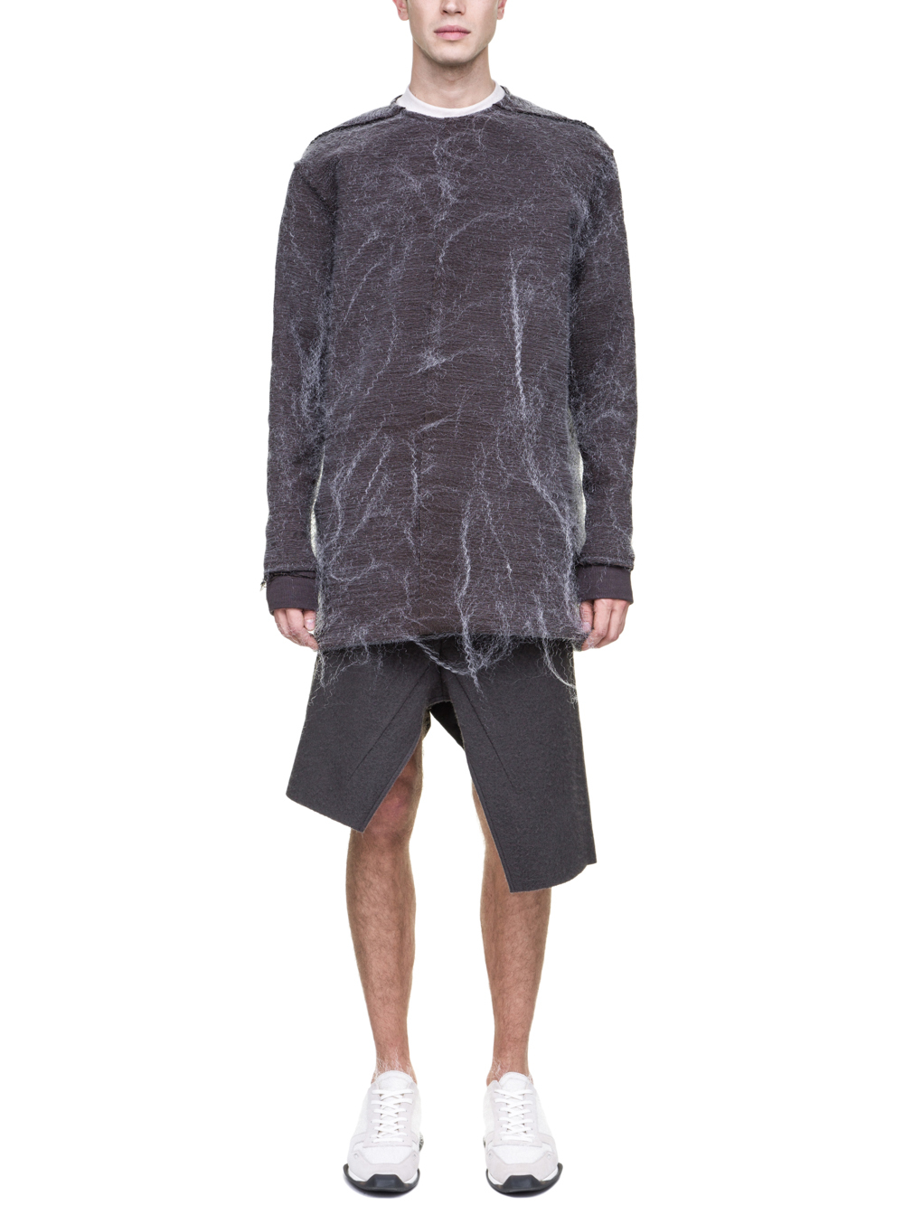 RICK OWENS FW18 SISYPHUS OFF-THE-RUNWAY BANANA TEE IN DARKDUST GREY LONGSLEEVE AND RIBBED CUFFS
