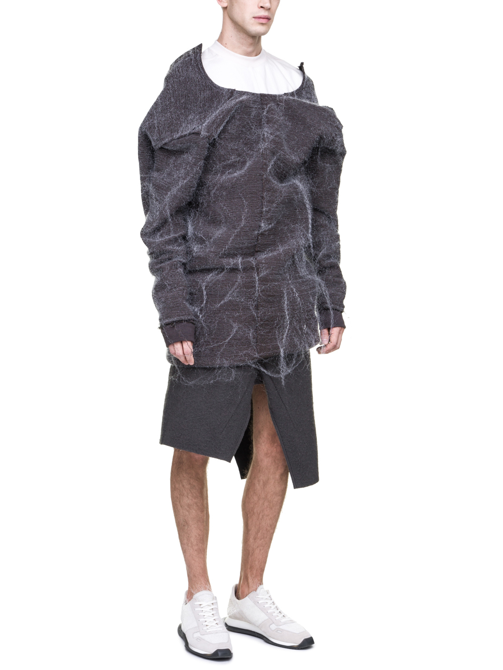 RICK OWENS FW18 SISYPHUS OFF-THE-RUNWAY BANANA TEE IN DARKDUST GREY LONGSLEEVE AND RIBBED CUFFS
