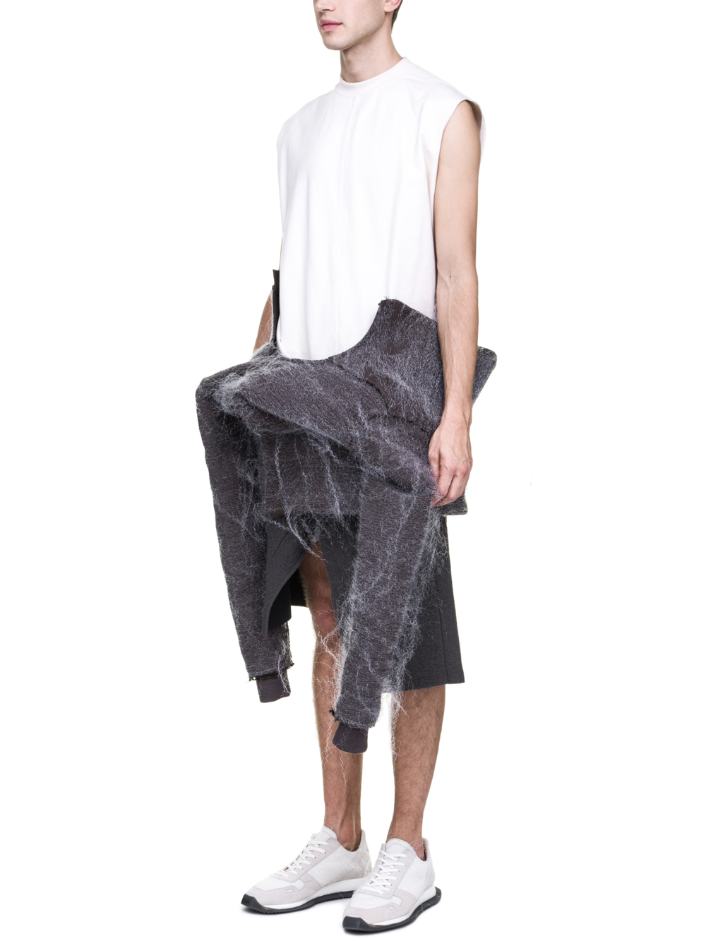 RICK OWENS FW18 SISYPHUS OFF-THE-RUNWAY BANANA TEE IN DARKDUST GREY LONGSLEEVE AND RIBBED CUFFS