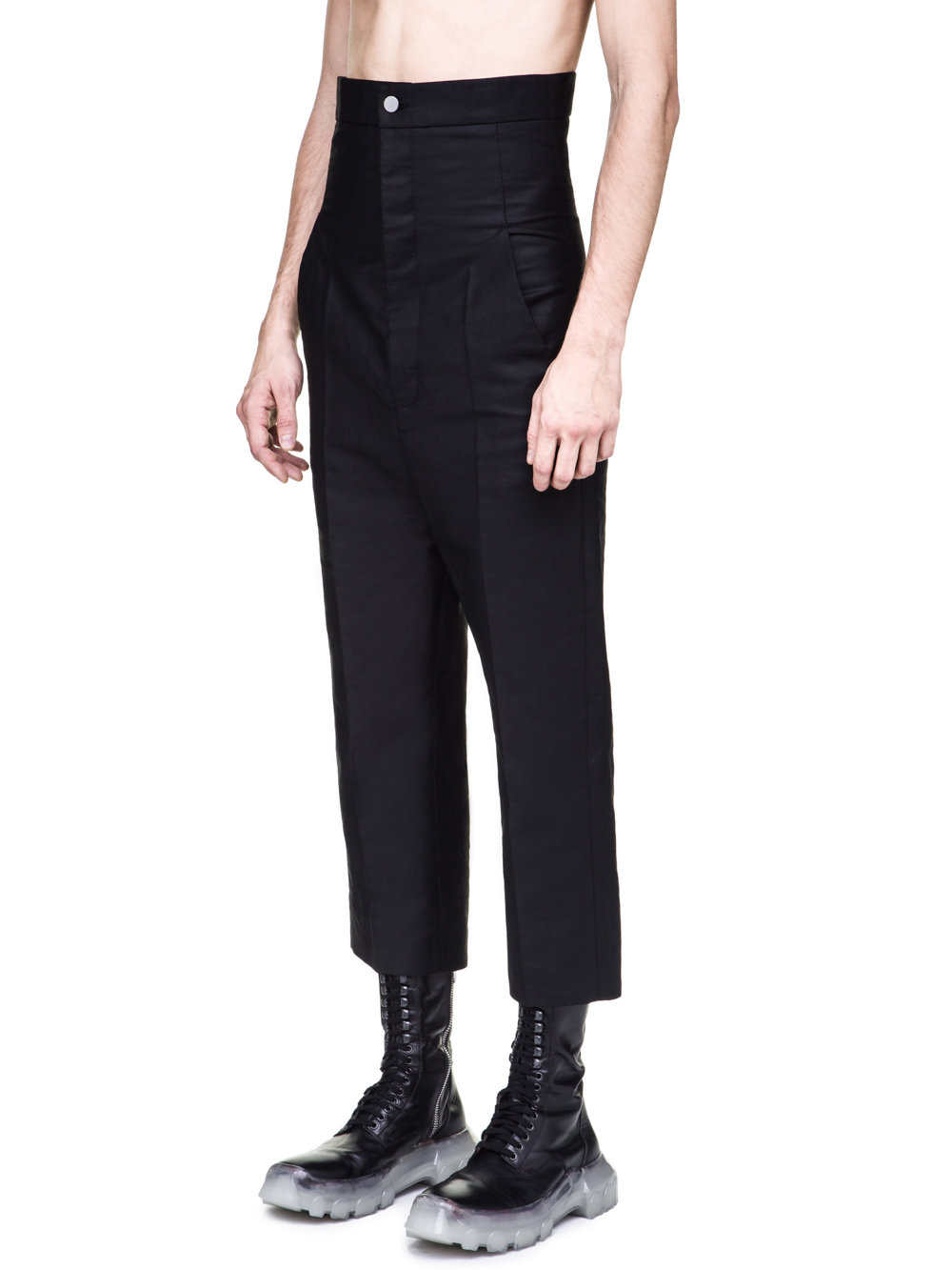 RICK OWENS OFF-THE-RUNWAY DIRT JEANS IN BLACK ARE EXTREMELY HIGH-WAISTED
