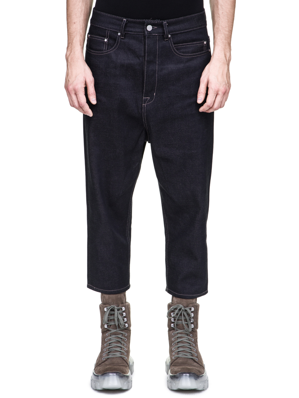 RICK OWENS OFF-THE-RUNWAY COLLAPSE JEANS IN 18OZ INDIGO DENIM