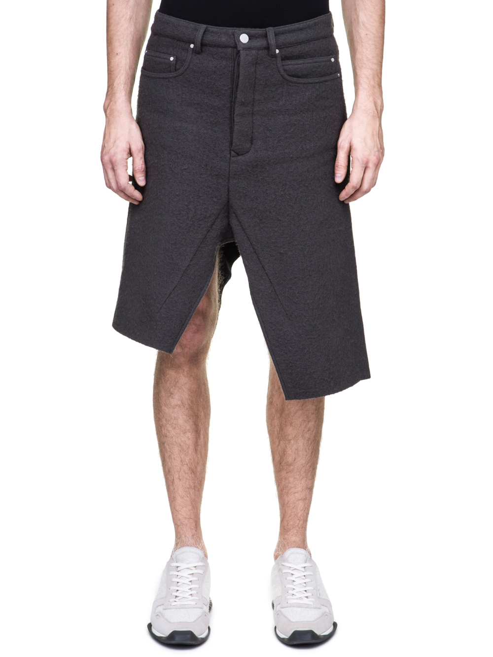 RICK OWENS OFF-THE-RUNWAY COLLAPSE SKIRT IN DARKDUST GREY BOILED WOOL