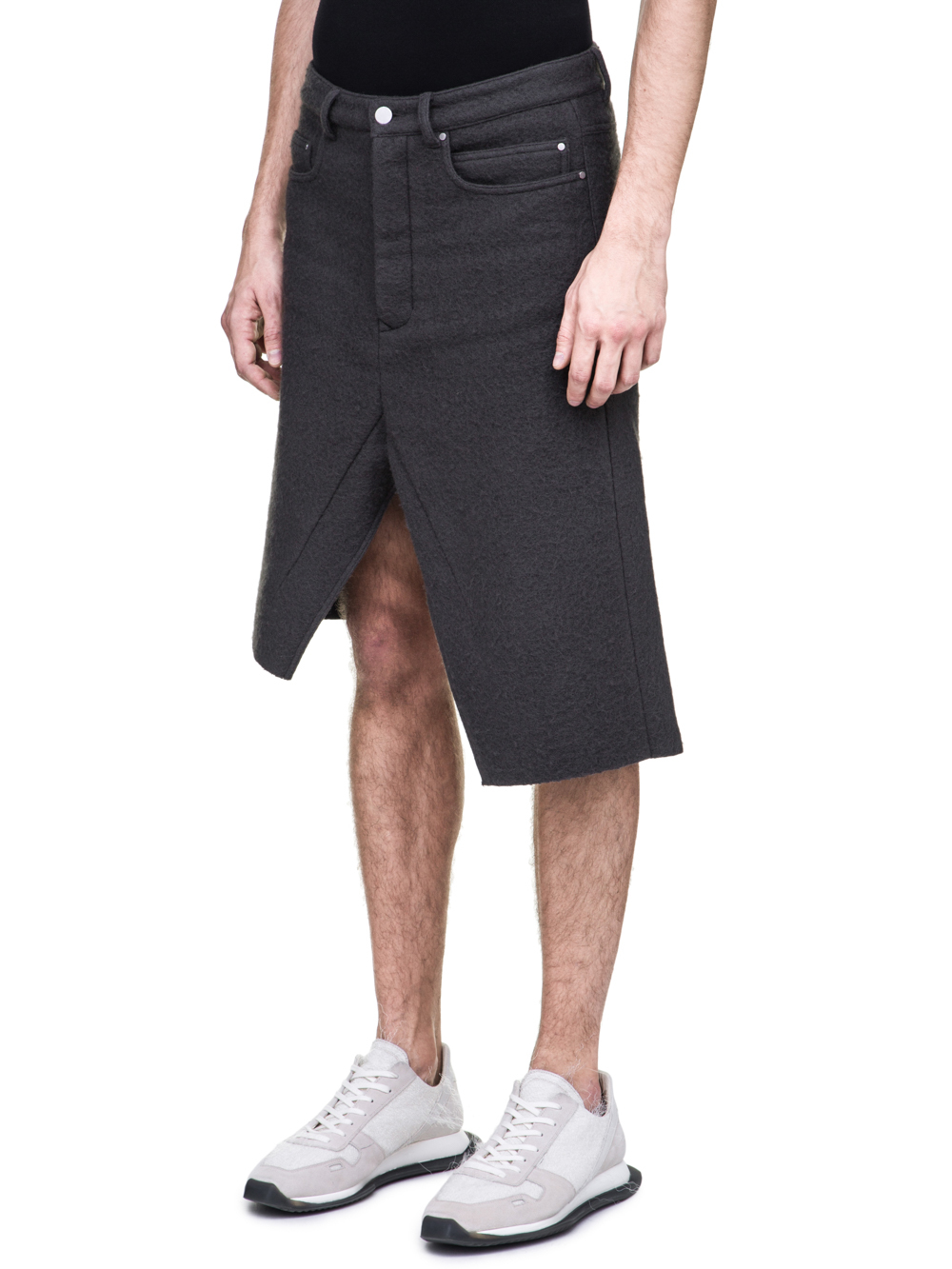 RICK OWENS OFF-THE-RUNWAY COLLAPSE SKIRT IN DARKDUST GREY BOILED WOOL