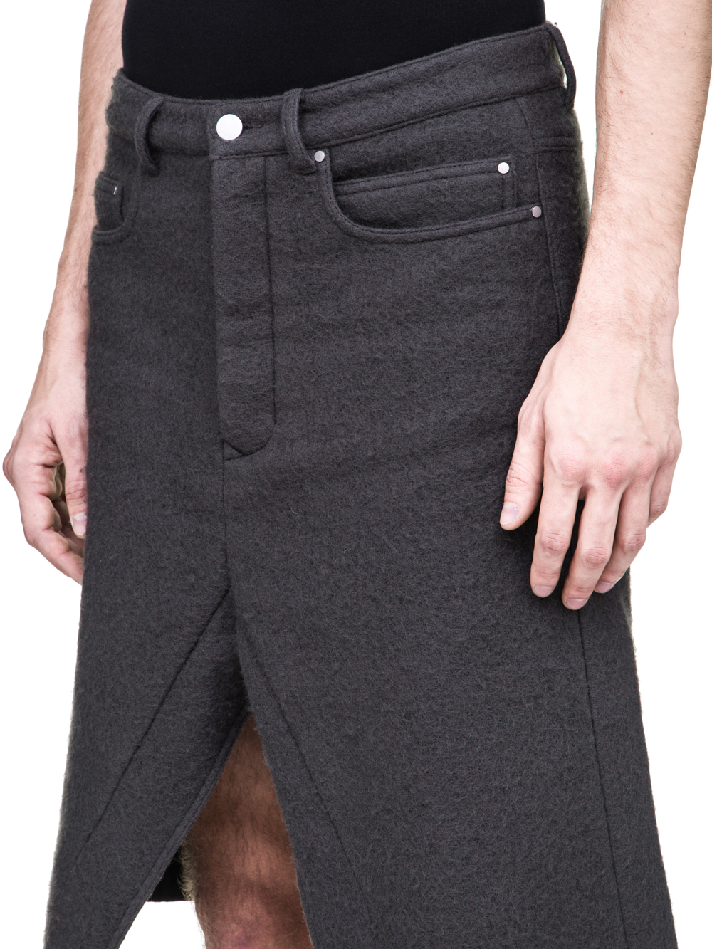 RICK OWENS OFF-THE-RUNWAY COLLAPSE SKIRT IN DARKDUST GREY BOILED WOOL