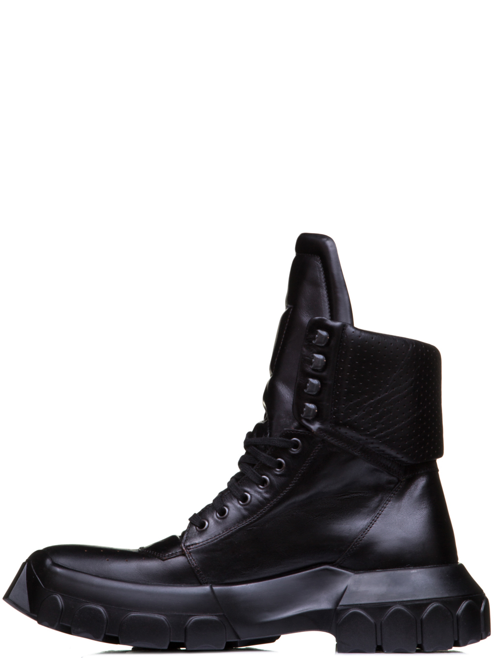 RICK OWENS OFF-THE-RUNWAY TRACTOR DUNK BOOTS IN BLACK HORSE LEATHER