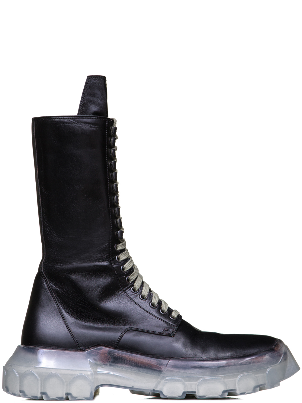 RICK OWENS OFF-THE-RUNWAY LACE UP TRACTOR BOOTS IN BLACK HORSE LEATHER