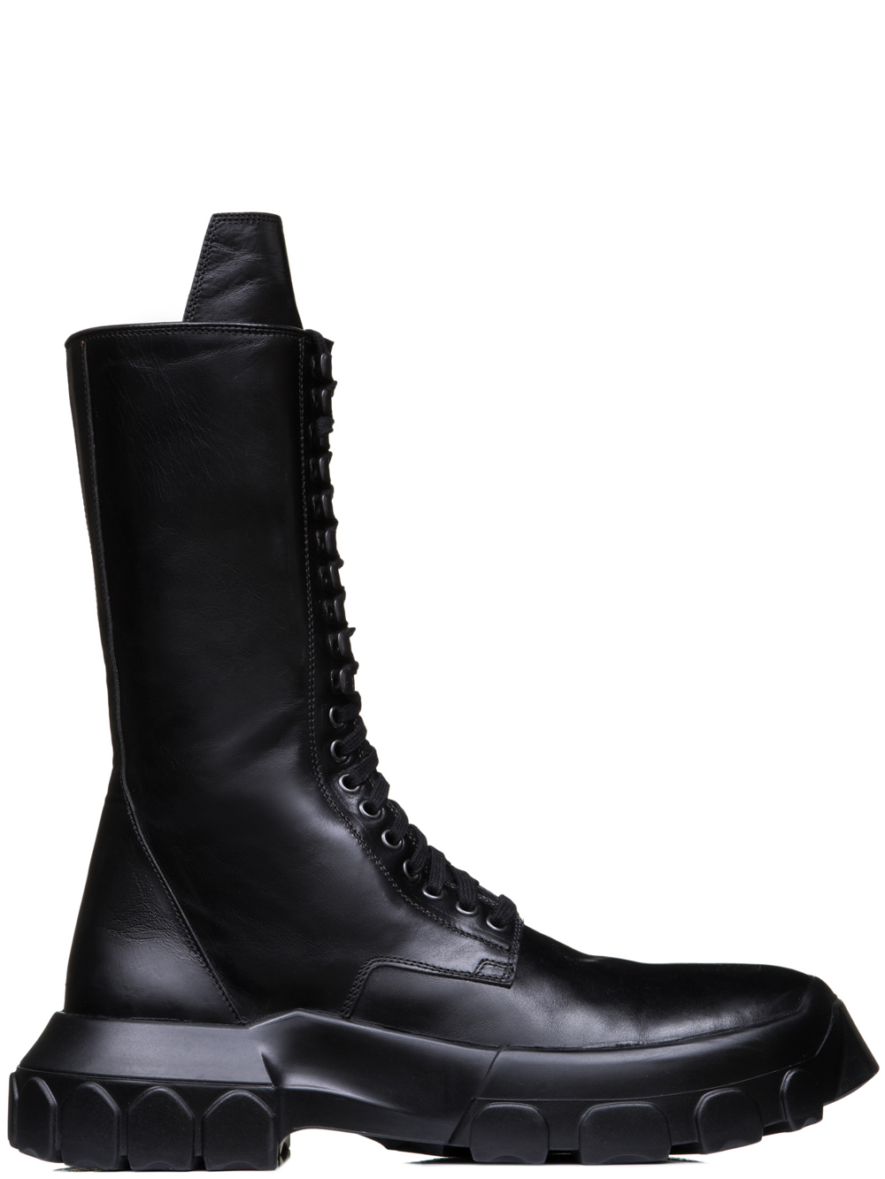 RICK OWENS OFF-THE-RUNWAY LACE UP TRACTOR BOOTS IN BLACK HORSE LEATHER