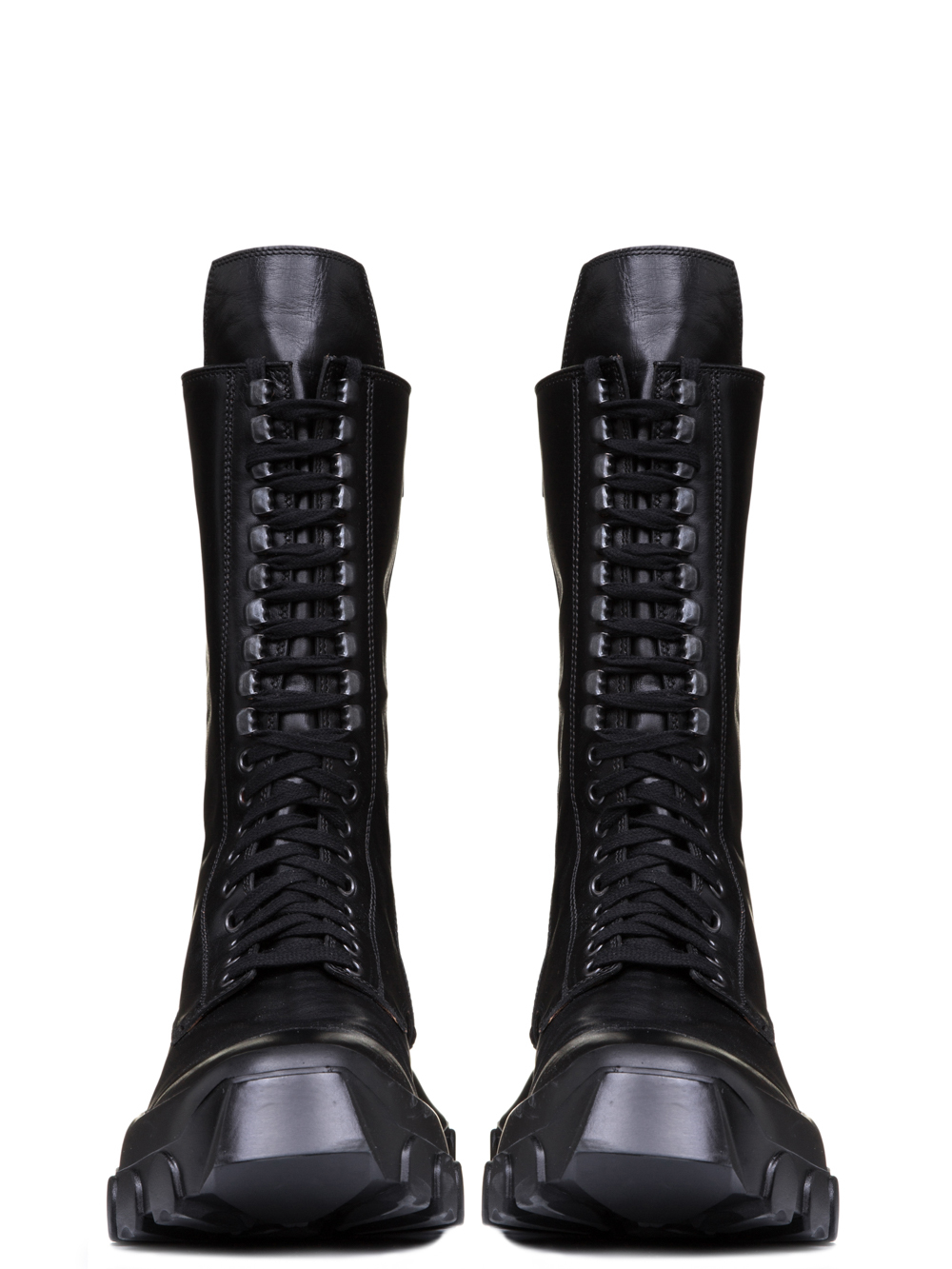 RICK OWENS OFF-THE-RUNWAY LACE UP TRACTOR BOOTS IN BLACK HORSE LEATHER