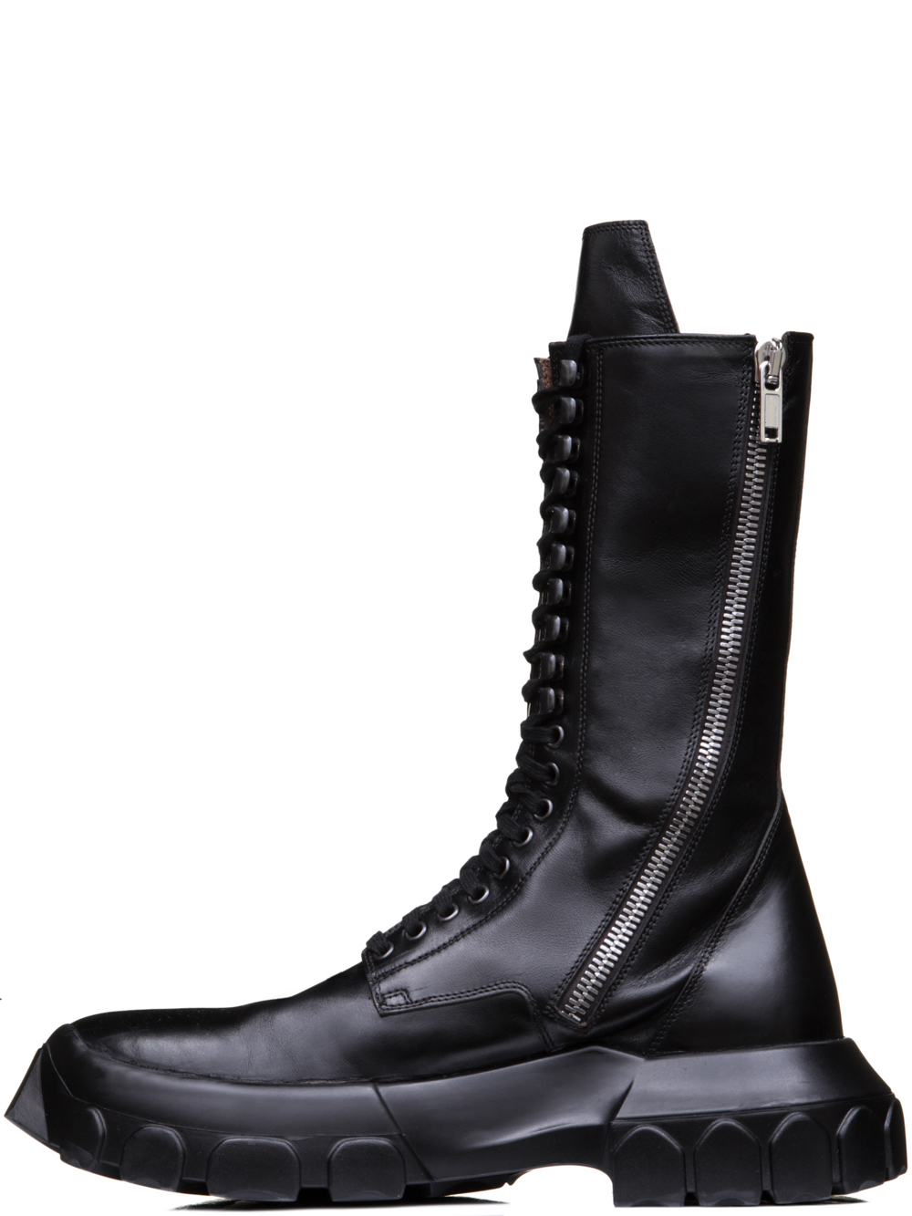 RICK OWENS OFF-THE-RUNWAY LACE UP TRACTOR BOOTS IN BLACK HORSE LEATHER