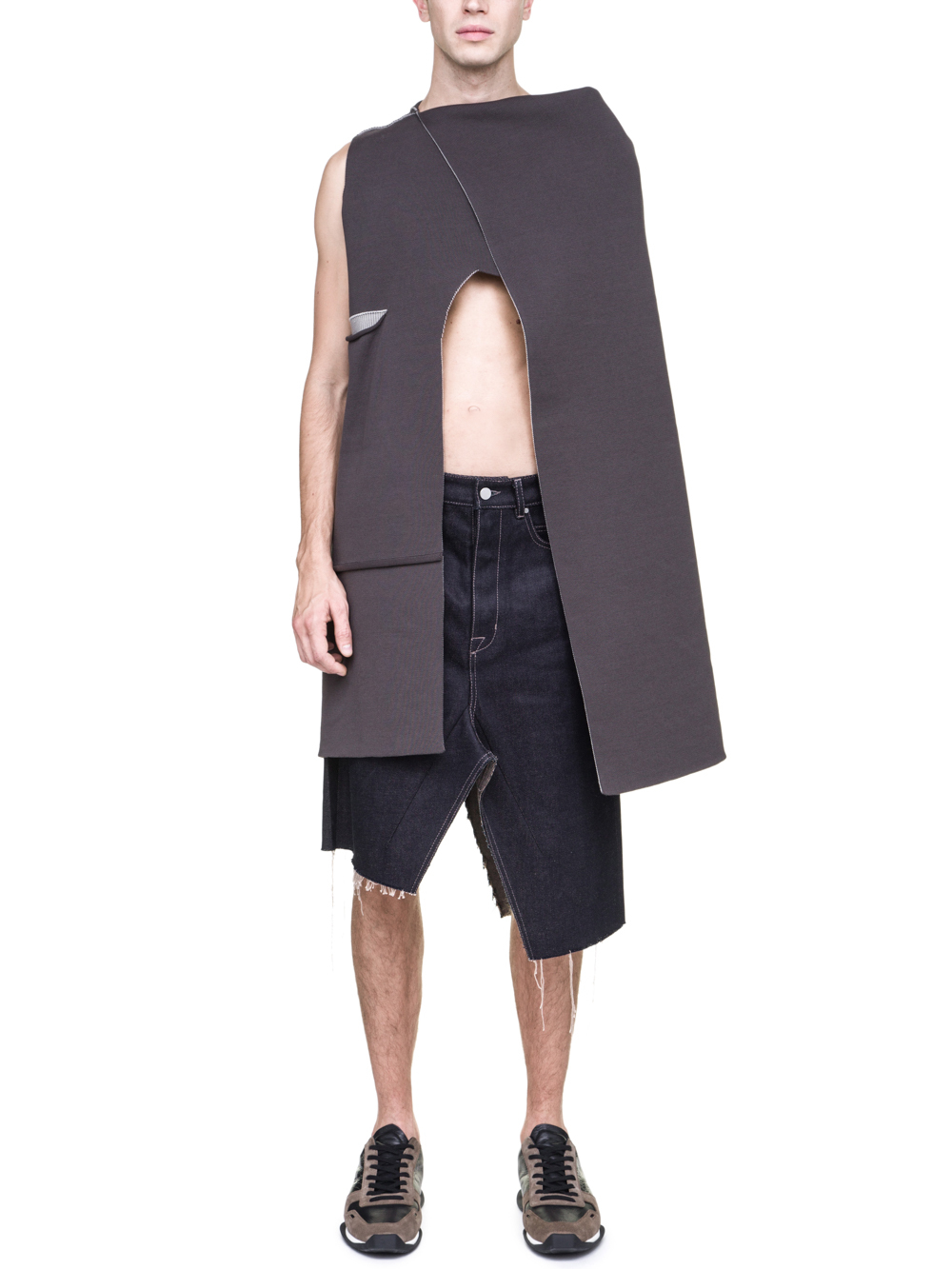 RICK OWENS OFF-THE-RUNWAY MANTLE TOP IN GREY AND BEIGE
