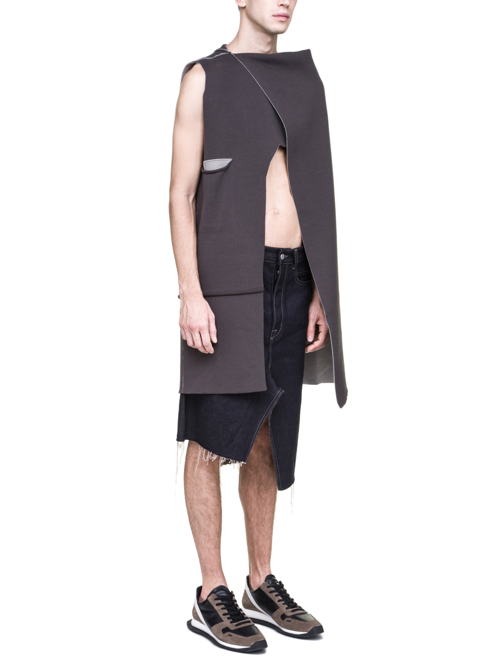 RICK OWENS OFF-THE-RUNWAY MANTLE TOP IN GREY AND BEIGE
